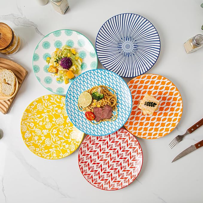 Ceramic Salad Plates Set - 8.5 Inch Small Round Dinner Dishes for Dessert Pasta Appetizer Sandwich - Scratch Resistant Porcelain Microwave Dishwasher Safe - Set of 6 - Assorted Colors