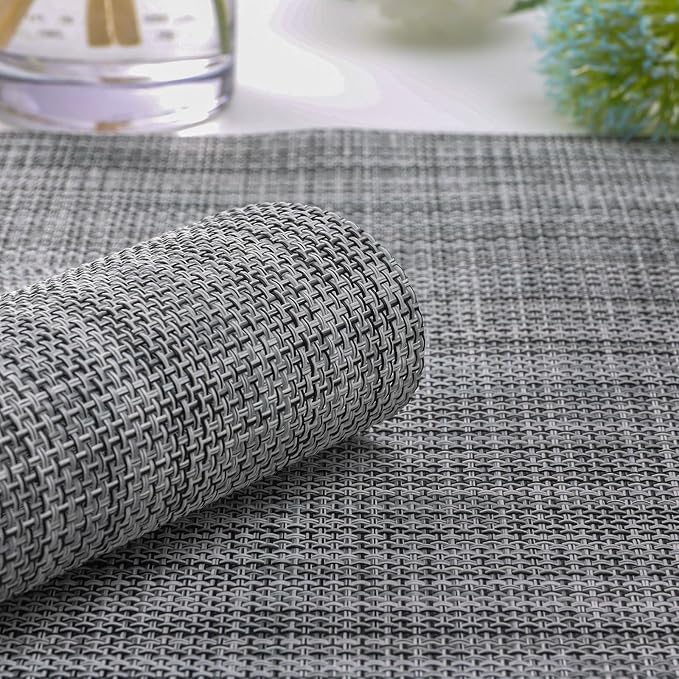 Myir JUN Placemats Set of 6, Vinyl Woven Placemats Place Mats Indoor Washable Table Mats Non-Slip Place mats for Dining Table (Light Gray, Set of 6)