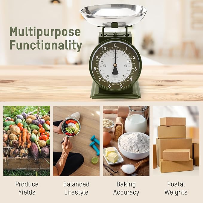 Taylor Mechanical Kitchen Weighing Food Scale with Bowl, Weighs up to 11lbs, Measures in Grams and Ounces, Food Scales for Kitchen, Green