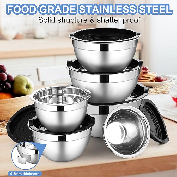 LIANYU Stainless Steel Mixing Bowls with Lids Set, Kitchen Nesting Metal Bowl Set of 6, Ideal for Salad Baking Cooking Serving Food Storage, Size 7, 3.5, 2.5, 2, 1.5, 1QT, Dishwasher Safe, Black