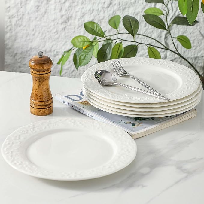 Neaylfe 10 inch Ceramic Dinner Plates, Set of 6, Embossed White Salad Plates, Round Kitchen Dining Plates for Restaurant, Porcelain Serving Dishes for Lunch, Pizza, Buffet, Steak, Bread
