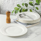 Neaylfe 10 inch Ceramic Dinner Plates, Set of 6, Embossed White Salad Plates, Round Kitchen Dining Plates for Restaurant, Porcelain Serving Dishes for Lunch, Pizza, Buffet, Steak, Bread
