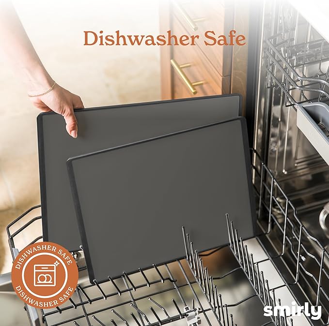 SMIRLY Plastic Cutting Board Set with Holder 4 Pieces, Non-Slip Dishwasher Safe Chopping Boards for Kitchen, Dark Grey