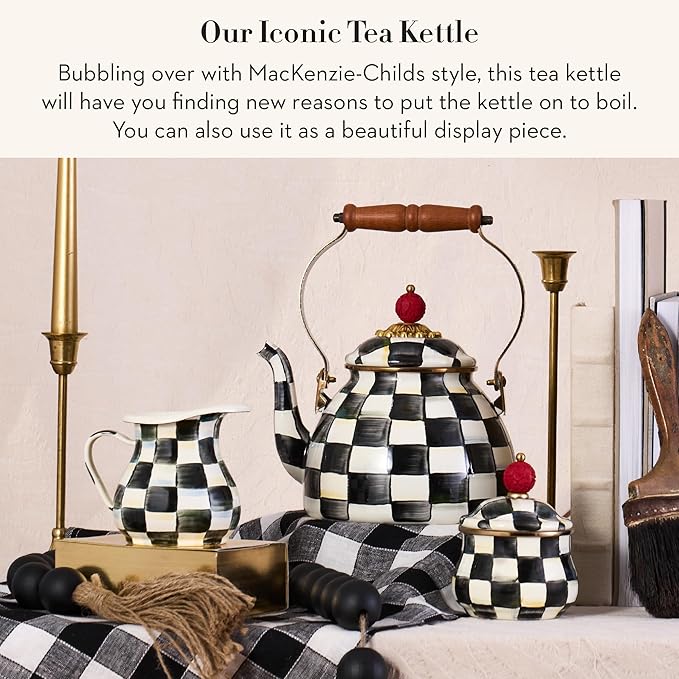MACKENZIE-CHILDS Enamel Tea Kettle, Stylish Tea Kettle for Stovetop, Black-and-White Courtly Check, 2 Quarts