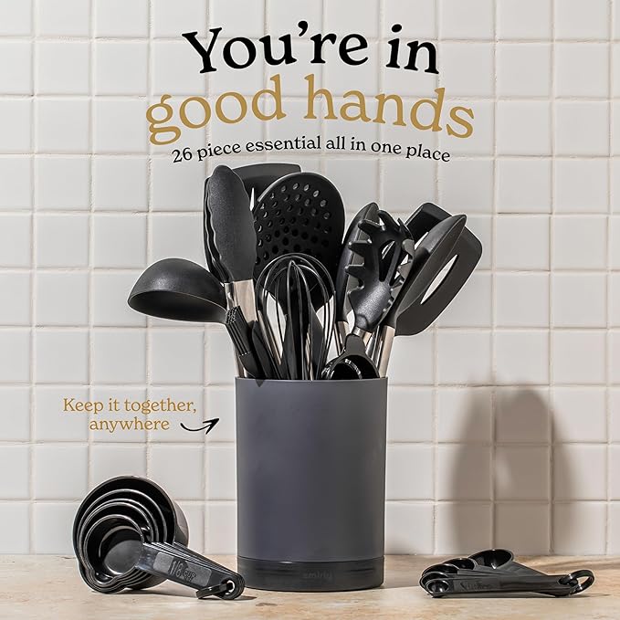 SMIRLY Kitchen Utensils Set – 26-Piece Silicone Cooking Utensils Set, Spatula Set with Holder, Stainless Steel Handle Silicone Kitchen Gadgets for Nonstick Cookware