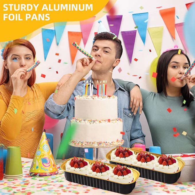 Mini Loaf Pans with Lids and Spoons Sealing Sticker,30 Pcs 6.8oz Cake Pans for Baking Disposable Aluminum Foil Red cake pan (30 PCS Black Gold)