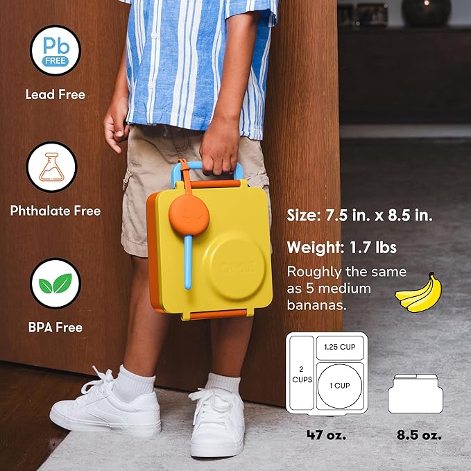 OmieBox Bento Box for Kids - Insulated Bento Lunch Box with Leak Proof Vacuum Insulated Food Jar - 3 Compartments, Two Temperature Zones (Sunshine)