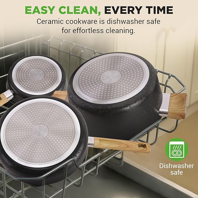 NutriChef 14-Piece Non-Stick Ceramic Cookware Set - Induction Safe Pots and Pans with Glass Lids, Cool-Touch Handles, Even Heat Distribution, Dishwasher Safe, Includes Ladle, Tong, Spatula (Black)