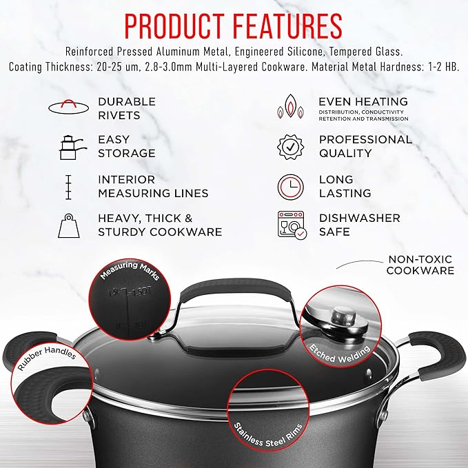 Pots and Pans Set – 14 Piece – Non-Stick Professional Home Kitchenware – Cooking Pots with Lids – Skillet Fry Pans – Suitable for Gas, Electric, Ceramic and Induction Counter Cooktops - Black