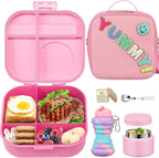 Kids Bento Lunch Box with 12oz Soup Thermo, Kids Leakproof Lunch Food Container with 4 Compartments, Insulated Lunch Bag & Water Cup for Girls Boys to School Travel