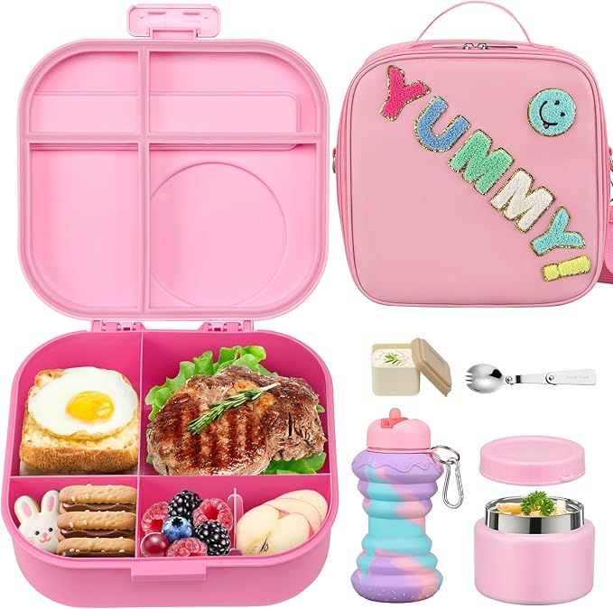Kids Bento Lunch Box with 12oz Soup Thermo, Kids Leakproof Lunch Food Container with 4 Compartments, Insulated Lunch Bag & Water Cup for Girls Boys to School Travel