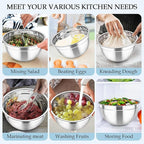 TeamFar Mixing Bowls, Stainless Steel Nesting Salad Bowls with Lids Set of 3 & 3 Grater Attachments, For Mixing/Serving/Storing, Non-toxic & Long-lasting, Size 4.6/3 / 1.5 QT, Black