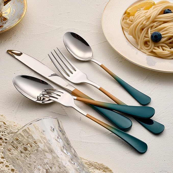 20-Pieces Green Orange Silverware Sets for 4,Green Orange Handle Stainless Steel Cutlery Set, Include Forks Spoons and Knives Set, Dishwasher Safe Utensil Sets for Home Restaurant