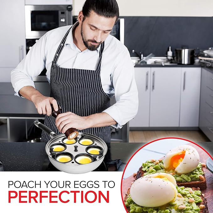 Modern Innovations Egg Poacher Pan - Nonstick Stainless Steel Maker With Handle, 6 Cups, and Silicone Spatula