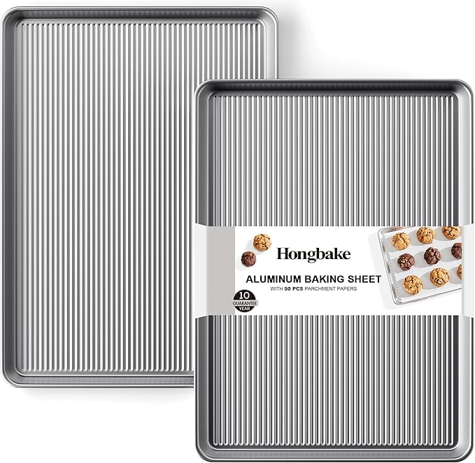 HONGBAKE Aluminum Cookie Sheets for Baking, 2-Pack Commercial Quality Half Sheet Pan, Baking Sheets Non Stick with 50 PCS Parchment Paper, 12.8 x 17.7 in, Silver