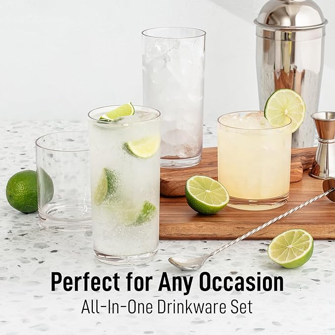 Zulay Kitchen Acrylic Plastic Glasses Drinkware - 16 Piece Unbreakable Drinking Glasses - BPA-Free, Reusable Plastic Tumblers for Home & Outdoors - Stackable, Lead-Free & Dishwasher Safe - (12&16oz)