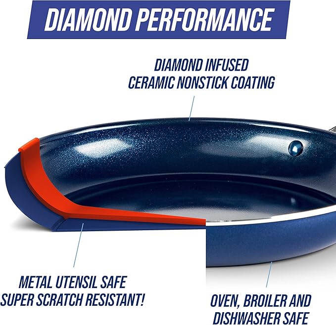 Blue Diamond 20 Piece Nonstick Cookware Set, Diamond Ceramic Pots & Pans, Dishwasher & Metal Utensil Safe, Non Toxic PFAS-Free, Kitchen Cooking Sauce & Saute Pans, Oven & Broiler to 600F, Blue