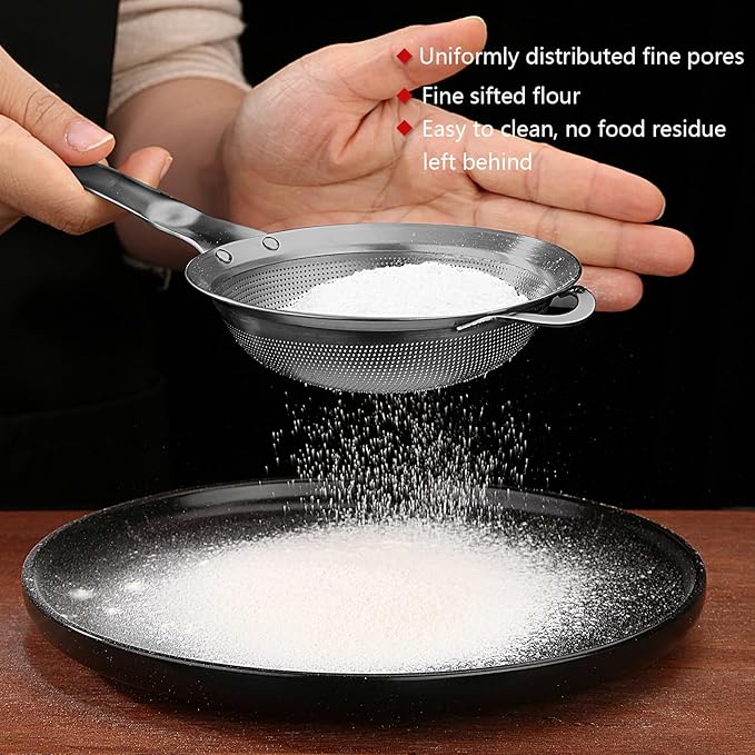Punch Hole Sieve Fine Mesh Stainless Steel Small Colander Strainer With Handle Metal Micro Sifter Set of 2 for Kitchen Baking and Food Filter Rice,Tea,Pasta,Flour,Juice,Mini 3.55 and 4.33 Inch