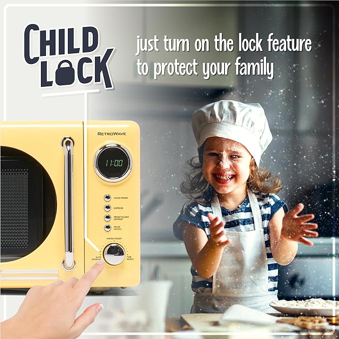 Nostalgia NRMO7YW6A Retro Compact Countertop Microwave Oven, 0.7 Cu. Ft. 700-Watts with LED Digital Display, Child Lock, Easy Clean Interior, Yellow