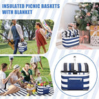 35L Large Insulated Picnic Basket with Blankets Kit Shopping Basket Cooler Bag Leakproof Collapsible Portable Suitable for Picnic Camping Work Hiking Food Delivery Gifts(Blue Stripes)