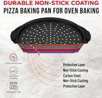Non-Stick Pizza Pan with Silicone Handle 2 Pack, 13 Inch Round Carbon Steel Tray with Perforated Holes, Dishwasher & Oven Safe Up To 450°F, PFOAPFOSPTFE Free, Durable Nonstick Gray Coating