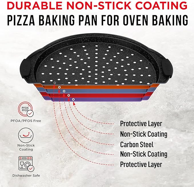 Non-Stick Pizza Pan with Silicone Handle 2 Pack, 13 Inch Round Carbon Steel Tray with Perforated Holes, Dishwasher & Oven Safe Up To 450°F, PFOAPFOSPTFE Free, Durable Nonstick Gray Coating