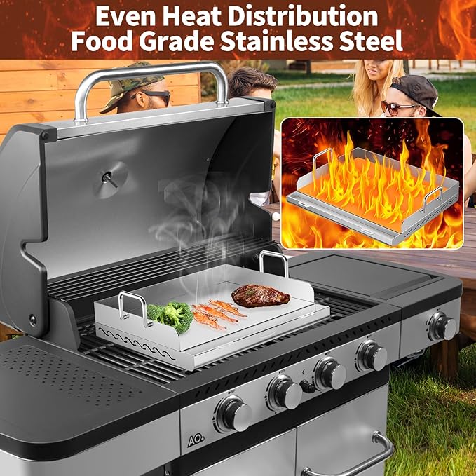 Griddle for Gas Grill- Stainless Steel Griddle, Flat Top Grill with Removable Grease Tray, Stove Top Griddle Pan for Charcoal Grill, Griddle Cooking Plate for Outdoor Grilling (17" x 13" x 2.2")