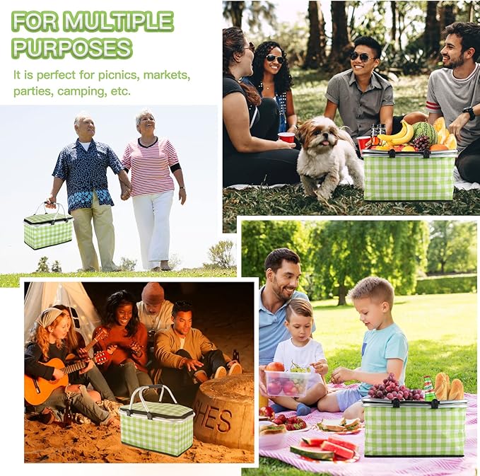 Insulated Picnic Basket,Collapsible Cooler Bag,32L Grocery Basket with Lid,2 Sturdy Handles,Storage Basket for Picnic,Food Delivery,Take Outs,Market Shopping,Travel (Green Grid)