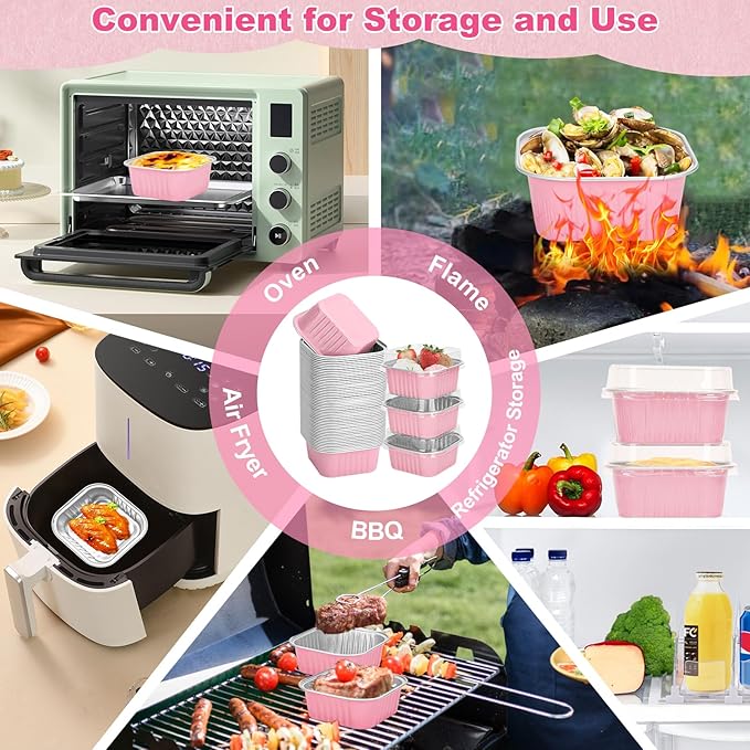 60 Pack Mini Cake Pans with Lids and Spoons, 5oz Square Aluminum Foil Loaf Pans Pink Small Cake Tins Disposable Baking Pans Dessert Cupcake Cups with Ribbon Decals for Wedding Birthday Party Picnics