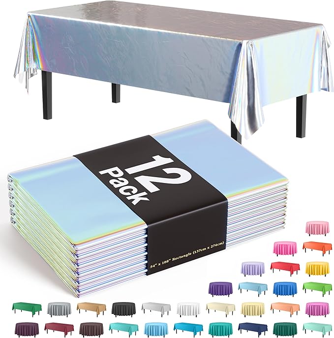 Exquisite Party Solids 12-Pack - Premium Plastic Tablecloth 54in. x 108in. Rectangle Table Cover - Iridescent