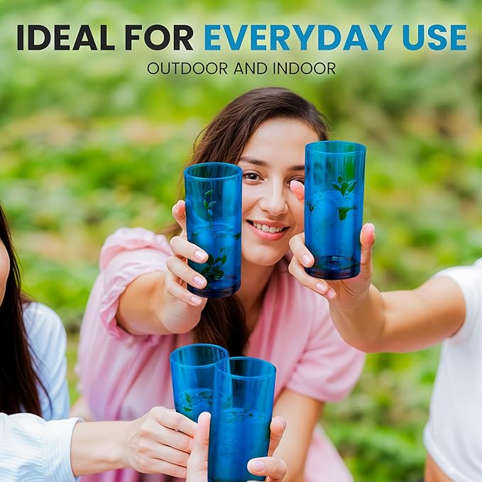 Zulay Kitchen Acrylic Glasses Drinkware - 6 Piece Unbreakable Plastic Tumblers - BPA-Free, Reusable Plastic Drinking Glasses for Home & Outdoors - Stackable, Lead-Free, Dishwasher Safe, Blue (16oz)