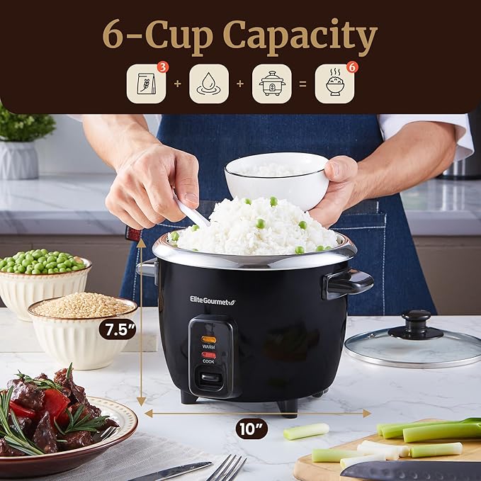 Elite Gourmet ERC006SS 6-Cup Electric Rice Cooker with 304 Surgical Grade Stainless Steel Inner Pot, Makes Soups, Stews, Porridges, Grains and Cereals, 6 cup (3 cups uncooked), Black