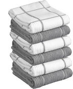 T-fal Solid & Checked Parquet Kitchen Towels: Highly Absorbent, Super Soft Long Lasting - 100% Cotton, 16"x26" Dish Towels for Cleaning & Drying Dishes, Pans, Glassware, Countertops, 6-Pack, Gray