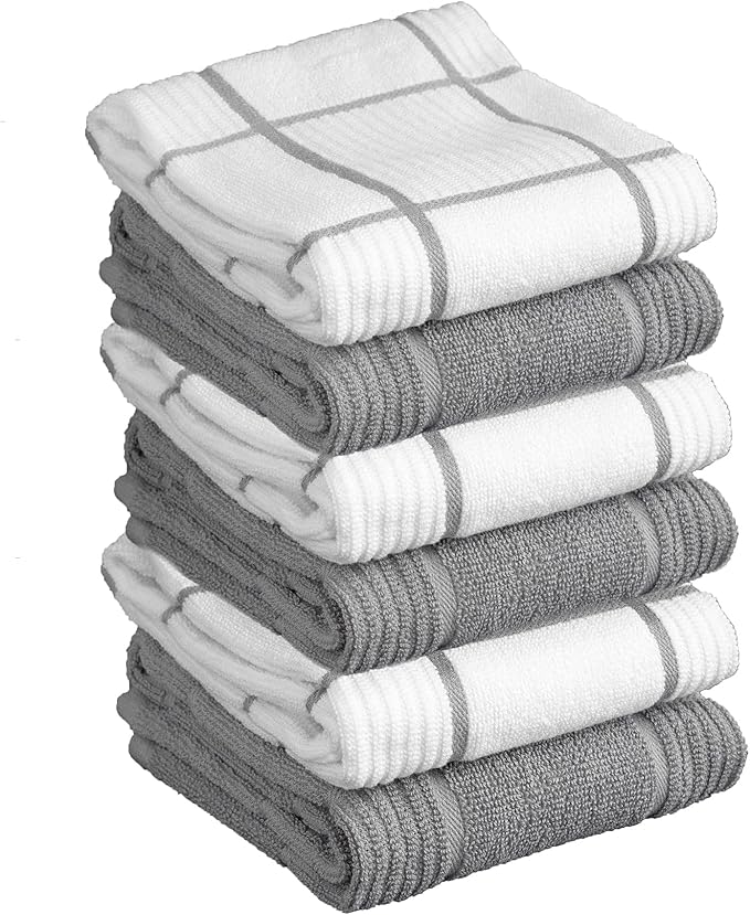 T-fal Solid & Checked Parquet Kitchen Towels: Highly Absorbent, Super Soft Long Lasting - 100% Cotton, 16"x26" Dish Towels for Cleaning & Drying Dishes, Pans, Glassware, Countertops, 6-Pack, Gray