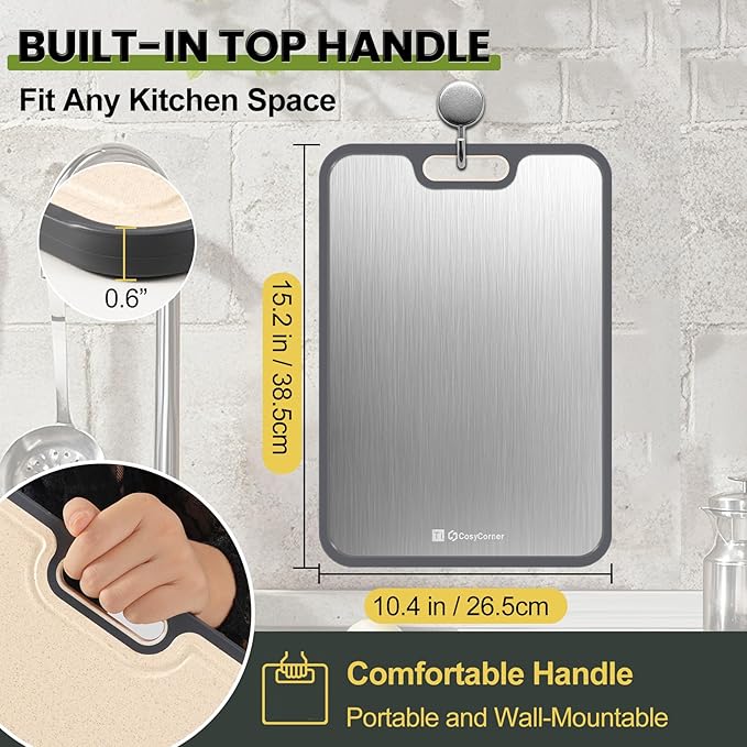 Titanium Cutting Board for Kitchen, Cutting Boards Large Size, Double Sided Chopping Board, Pure Titanium/Wheat Straw PP, 15.2×10.4 inch, Dishwasher Safe-1 PC