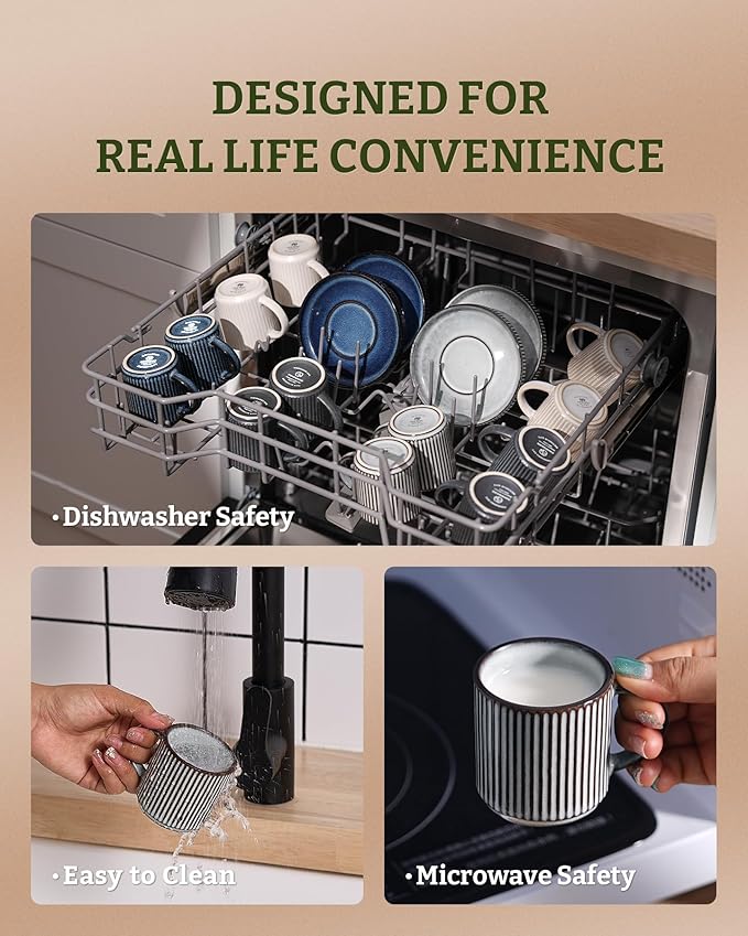 famiware Star Espresso Cups and Saucers Set of 4, [ Mini ] 3 oz Ceramic Small Coffee Mug with Handle, Ribbed Stoneware Demitasse Cup for Tea, Latte - Microwave & Dishwasher Safe - Smoky Blue