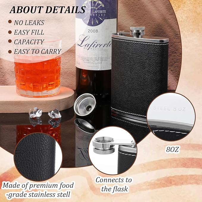 6 Set 8 oz Leather Hip Flasks for Liquor for Men Leak Proof Stainless Steel Drinking Flasks with Funnel Soft Wrap Whiskey Vessels for Wedding Bridesmaid Christmas Gifts (Black)