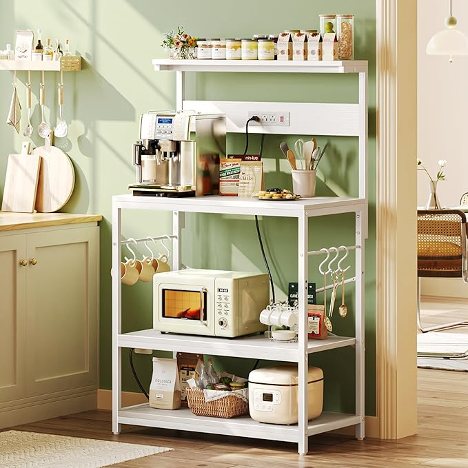 SUPERJARE Bakers Rack with Power Outlets, Microwave Stand, 31.5 X 16.5 Inch Larger Desktop, Kitchen Storage Rack with Adjustable Middle Shelf, 6 S-Shaped Hooks, Coffee Bar Stand, White