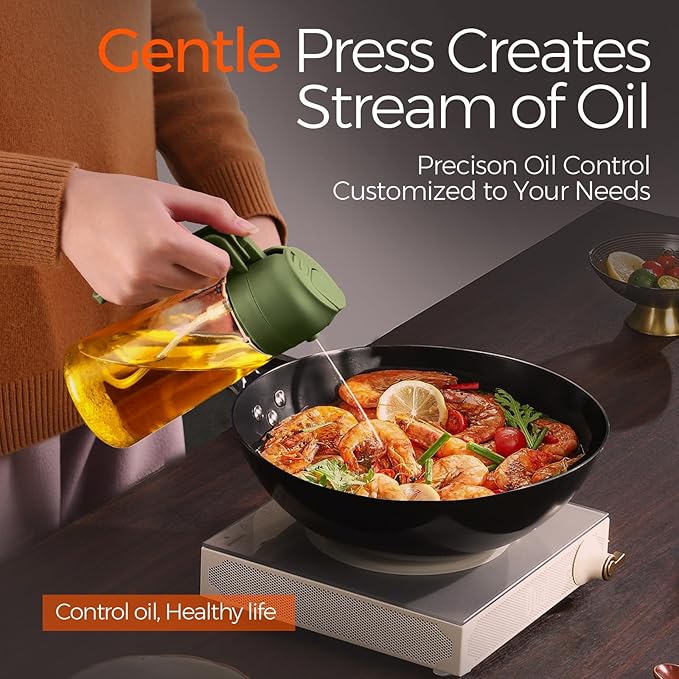 YARRAMATE 16oz/470ml Glass Olive Oil Sprayer for Cooking with Stickers, 2 in 1 Oil Dispenser for Kitchen Gadgets, Food Grade Premium Spray Bottle with Portion Control for Salad, BBQ (OliveGreen)