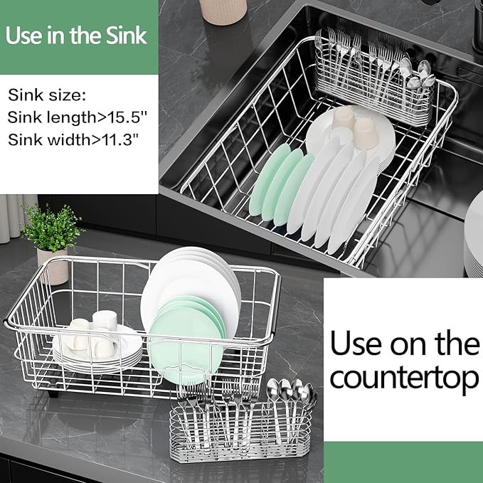 Large Dish Drainer Rack in Sink Adjustable, Expandable 304 Stainless Steel Metal Dish Drying Rack Organizer with Stainless Steel Utensil Holder Over Inside Sink Counter, Rustproof