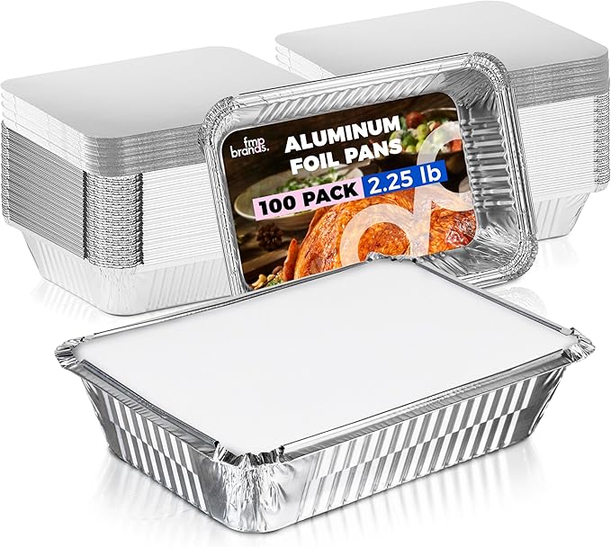 Fit Meal Prep 100 Pack 2.25 lb Aluminum Foil Pans with Lids, Disposable Take Out Food Containers with lids for Freshness and Spill Proof, 8.5 x 6 x 2 Disposable Cookware for Catering, Restaurants
