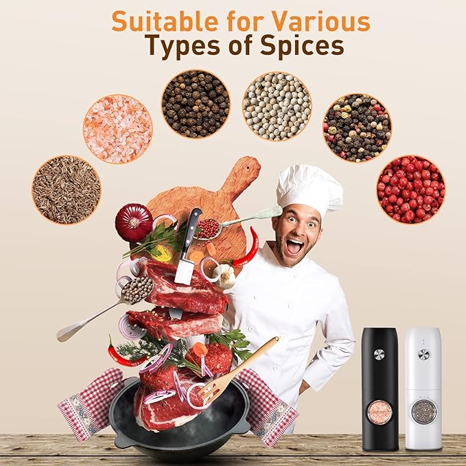 Electric Salt and Pepper Grinder Set, Rechargeable Automatic Pepper Mill Grinder with LED Light, Adjustable Coarseness shakers, One-Hand Operation for kitchen appliances(2 Pack,Black+White)