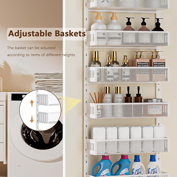 6-Tier Over The Door Pantry Organizer with Mesh Baskets, Adjustable & Stable Hanging Spice Rack for Kitchen, Bathroom, Bedroom, and Baby Essentials Storage (16" W 6-Tiers, White)