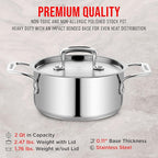 Stainless Steel Stockpot with Lid 2 Quart, Durable 18/8 Stainless Steel, Impact-Bonded Base for Even Heating, Riveted Handles, Oven & All Stove Compatible, Safe Up To 500°F (260°C)