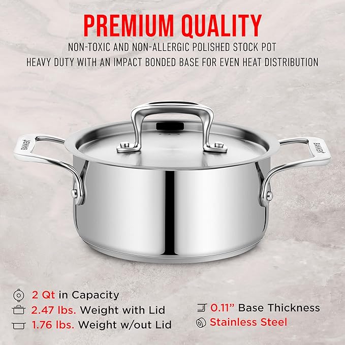 Stainless Steel Stockpot with Lid 2 Quart, Durable 18/8 Stainless Steel, Impact-Bonded Base for Even Heating, Riveted Handles, Oven & All Stove Compatible, Safe Up To 500°F (260°C)