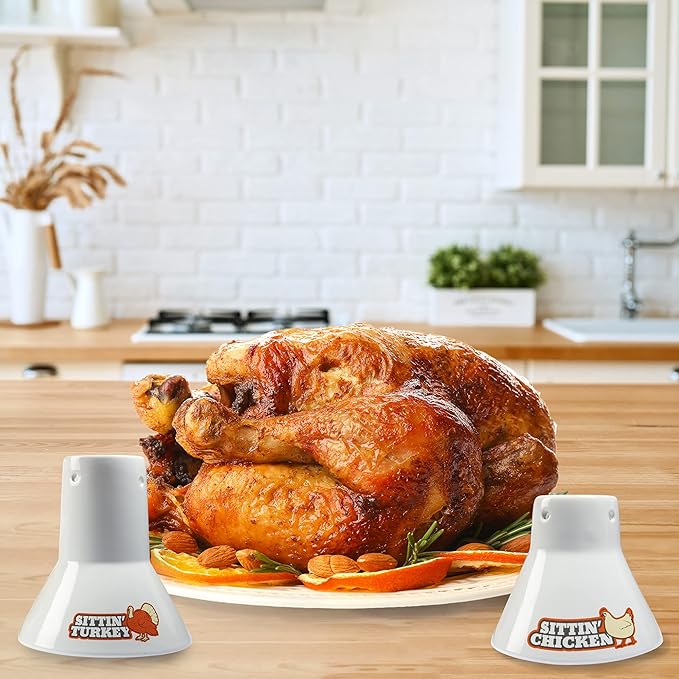 Sittin’ Chicken & Turkey Ceramic Beer Can Roaster & Steamer Duo - Upright Flavor-Infusing Grilling Tool for Juicy Poultry - Wide Ceramic Base Cooks up to 18lb Turkey for Xmas Dinner & Holiday Parties