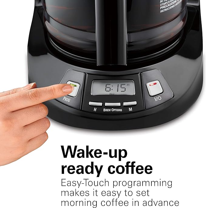 Hamilton Beach 12 Cup Programmable Drip Coffee Maker with 3 Brew Options, Glass Carafe, Auto Pause and Pour, Black Stainless (46293)