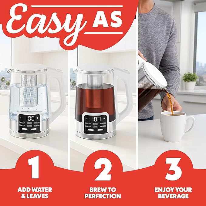 Gourmia Electric Programmable Glass Kettle – 1.7L Temperature Control Tea & Coffee Kettle with Digital Touch Display, 6 Presets, Keep Warm, Removable Stainless Steel Infuser, 360° Swivel Base – White