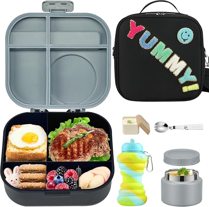 Kids Bento Lunch Box with 12oz Soup Thermo, Kids Leakproof Lunch Food Container with 4 Compartments, Insulated Lunch Bag & Water Cup for Girls Boys to School Travel