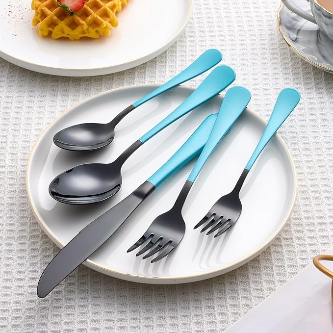 20 Piece Black Sky Blue 18/0 Flatware Utensil Set for 4, Include Dinner Knife,Dinner Forks,Dinner Spoons,Salad Forks,Teaspoons,Silverware Set for 4, Dishwasher Safe